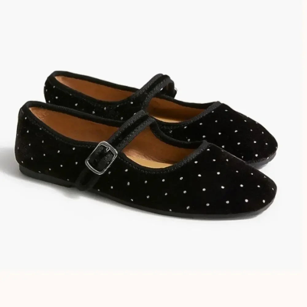 J. CREW Girls Velvet Mary Jane Flats Black Silver Dot K4